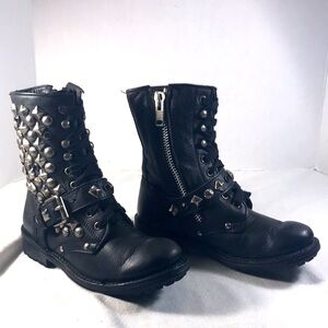 ASH Women’s Steam Punk Moto Silver Studded & Black Jeweled Leather Combat Boots